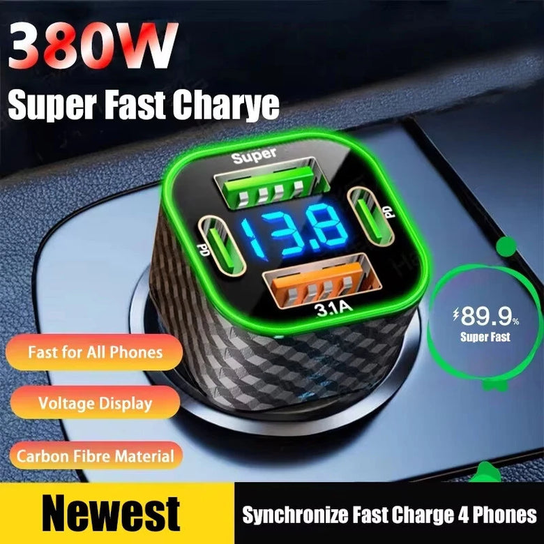 4-in-1 Car Charger 380W 4-Port USB PD Car Charger Adapter Dual USB-A+Dual USB-C PD3.0 Support AFC PPS Fast Charging with Blue LED for iPhone 17 17 Pro 16 Pro Max 15 14 for Xiaomi 17pro for Samsung Galaxy S25 Ultra for OPPO