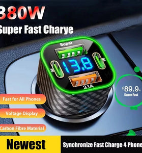 4-in-1 Car Charger 380W 4-Port USB PD Car Charger Adapter Dual USB-A+Dual USB-C PD3.0 Support AFC PPS Fast Charging with Blue LED for iPhone 17 17 Pro 16 Pro Max 15 14 for Xiaomi 17pro for Samsung Galaxy S25 Ultra for OPPO