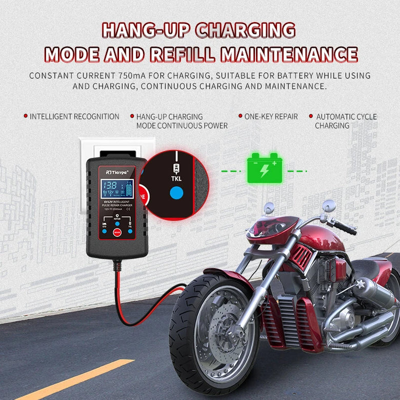 RJTianye 6V 12V 2A Car Smart Battery Charger ASE Adapter Automatic Float Charge Motorcycle Lawn Mower Tractor Lead Acid AGM Battery