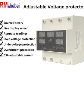 Five-Screen Auto-Switching Three-Phase Digital Voltage Protector 63A 220V Adjustable Over/Under Voltage Protection Device with Real-Time Monitoring