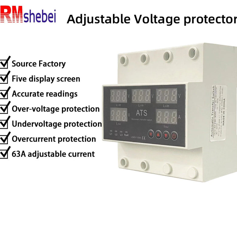Five-Screen Auto-Switching Three-Phase Digital Voltage Protector 63A 220V Adjustable Over/Under Voltage Protection Device with Real-Time Monitoring