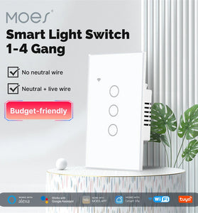 MoesHouse Tuya Smart WiFi Light Switch US Plug 1/2/3/4 Gang Glass Touch Panel APP Remote Control Timing Function Voice Control with Alexa Google Assistant