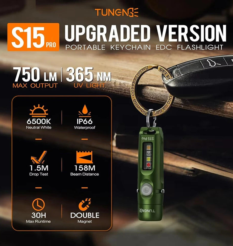TUNENGE S15Pro 750LM LED Keychain Flashlight with Clip Magnet USB-C Rechargeable Mini EDC Pocket Light