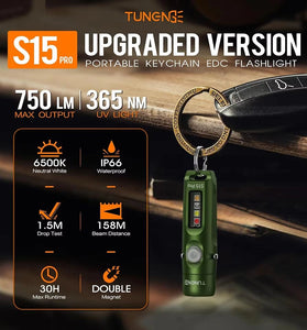 TUNENGE S15Pro 750LM LED Keychain Flashlight with Clip Magnet USB-C Rechargeable Mini EDC Pocket Light
