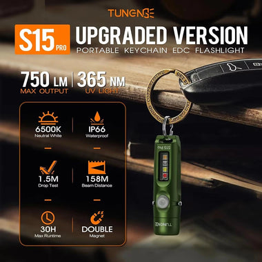 TUNENGE S15Pro 750LM LED Keychain Flashlight with Clip Magnet USB-C Rechargeable Mini EDC Pocket Light