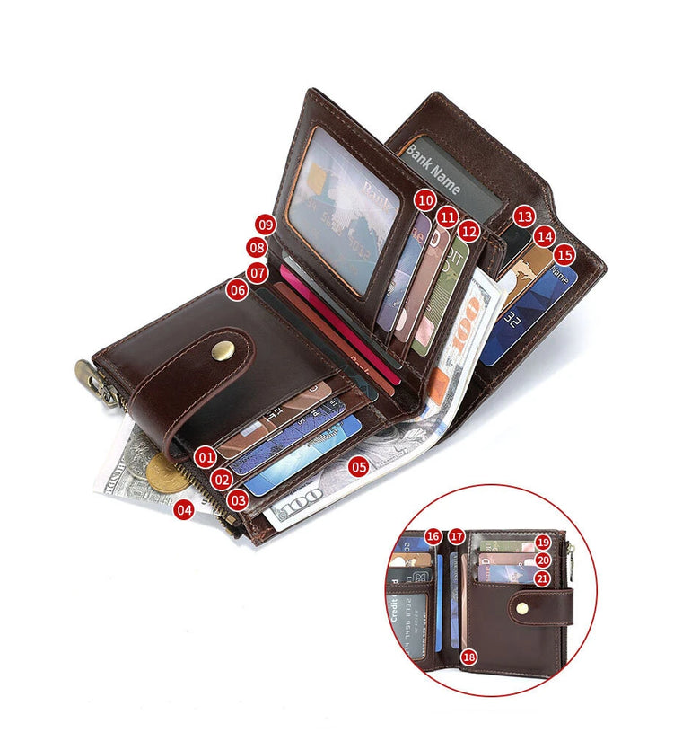 BULLCAPTAIN Men's Top-grain Cowhide Wallet Fashion Retro Business Casual RFID-blocking Multi Card Slots Coin Money Purse