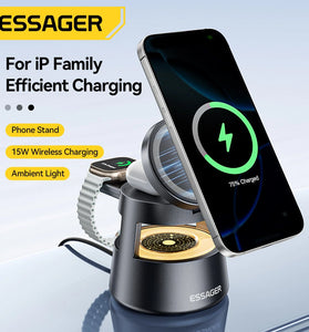 ESSAGER OJD-132 15W 4-in-1 Desktop Wireless Charger Fast Wireless Charging Station with Night Light Function for Smart Phones for iPhone 17 17Pro 16 15 14 Pro Max for Huawei Mate XTs for Xiaomi 17pro for Apple Watch for Airpods