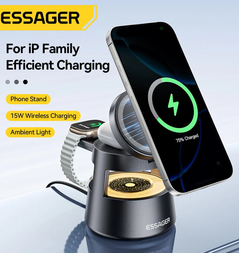 ESSAGER OJD-132 15W 4-in-1 Desktop Wireless Charger Fast Wireless Charging Station with Night Light Function for Smart Phones for iPhone 17 17Pro 16 15 14 Pro Max for Huawei Mate XTs for Xiaomi 17pro for Apple Watch for Airpods