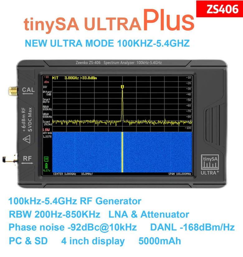 TinySA ULTRA Plus ZS406 Handheld Spectrum Analyzer 900MHz-5.4GHz 20dB LNA Module 3.98 inch IPS-TFT LCD 5000mAh Battery Portable Analyzer