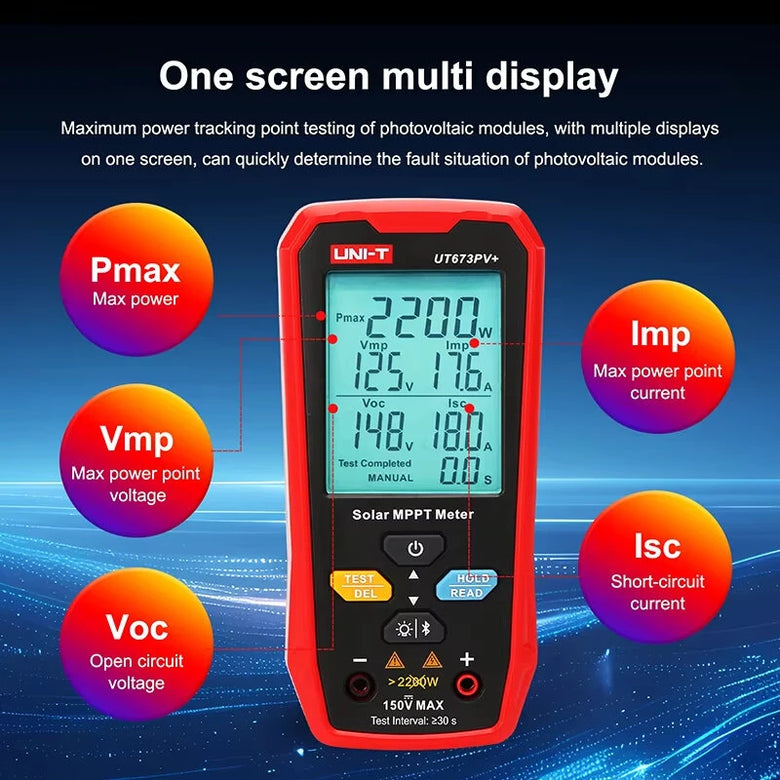 UNI-T UT673PV+ 5-1800W Solar MPPT Meter PV Module Maximum Power Meter Bluetooth Photovoltaic Panel Tester Vmp Imp Voc Isc Test