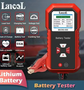 Lancol MICRO-500 Battery Tester 12V Lead-Acid Lithium CCA 40-3000 Color LCD Display QR Code Storage Multi-Language Support
