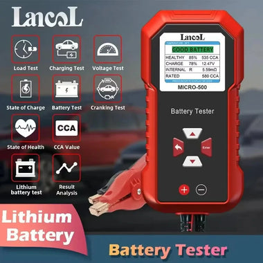 Lancol MICRO-500 Battery Tester 12V Lead-Acid Lithium CCA 40-3000 Color LCD Display QR Code Storage Multi-Language Support