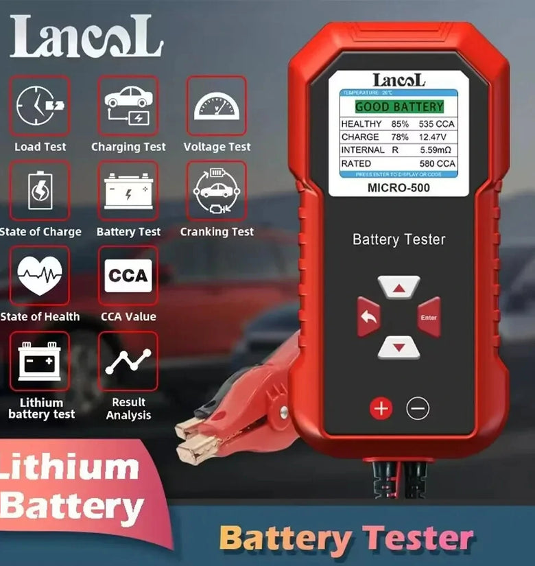Lancol MICRO-500 Battery Tester 12V Lead-Acid Lithium CCA 40-3000 Color LCD Display QR Code Storage Multi-Language Support