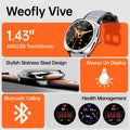Weofly Vives 1.43inch AMOLED Display AI Voice Assistant bluetooth Call Heart Rate Blood Oxygen Monitor Sleep Monitoring Stress Tracking Female Health Breathing Exercise Multi-sport Modes IP68 Waterproof Smart Watch