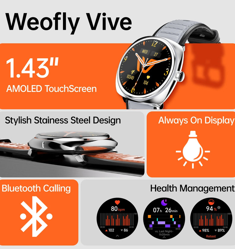 Weofly Vives 1.43inch AMOLED Display AI Voice Assistant bluetooth Call Heart Rate Blood Oxygen Monitor Sleep Monitoring Stress Tracking Female Health Breathing Exercise Multi-sport Modes IP68 Waterproof Smart Watch