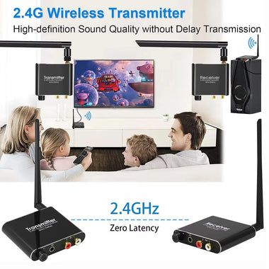 Wireless Audio Adapter with 2.4GHz Technology 50M Range RCA 3.5mm Connectivity Low Delay Clear Sound Type-C Power Dual Volume Adjustment Plug and Play