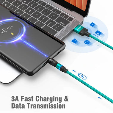 3A USB-A to Micro/Type-C/iP Cable 540 Rotate Magnetic Data Cable Support QC3.0 Fast Charging Data Transmission Copper Core Line 1M/2M Long for iPhone 15 14 13 for Huawei Pura 70 Ultra for Xiaomi Civi4 Pro