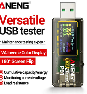 Aneng P01 USB Tester Energy Meter 4V-30V Measures Voltage Current Power Capacity Energy Color Reverse Display Screen Flip USB-A Output Power-Off Memory With Type-C adapter