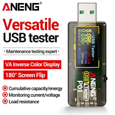 Aneng P01 USB Tester Energy Meter 4V-30V Measures Voltage Current Power Capacity Energy Color Reverse Display Screen Flip USB-A Output Power-Off Memory With Type-C adapter
