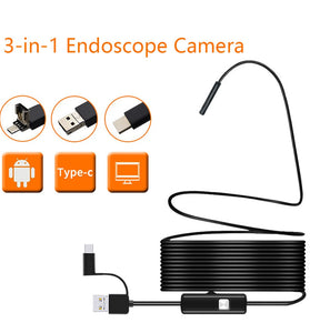 7mm Smartphone Endoscope Camera 3 IN1 Micro USB Type C Borescope Camera Waterproof LED Car Inspection For HUAWEI XIAOMI PC Soft Cable
