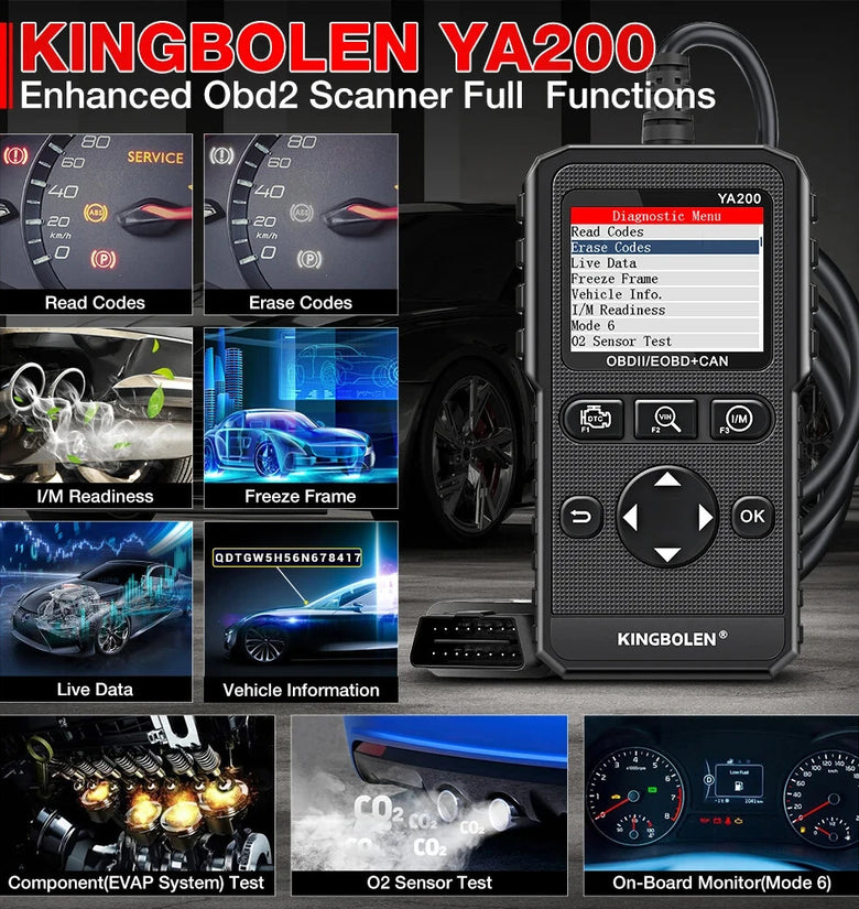 Kingbolen YA200 OBD2 Scanner Multi-Language Car Diagnostic Tool Engine Code Reader DTC Lookup Voltage Test Life Free Update