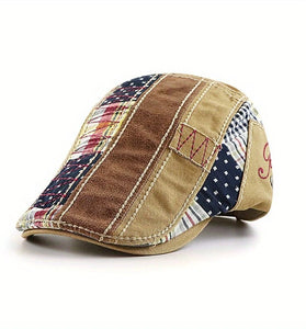 Collrown British Style Men's Beret Cap with Stitching Plaid Pattern Vintage Peaked Cap for Autumn Winter Mens Flat Hat Newsboy Cap