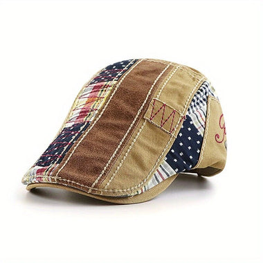Collrown British Style Men's Beret Cap with Stitching Plaid Pattern Vintage Peaked Cap for Autumn Winter Mens Flat Hat Newsboy Cap