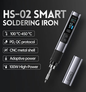 FNIRSI HS-02A Smart Soldering Iron with 6 Tips High-Power 100W Adaptable to Quick Charging PD/QC Protocol Wide Temperature Range 180-842F Featuring Adaptive Power Efficiency 0.96 IPS HD Color Screen