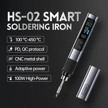 FNIRSI HS-02A Smart Soldering Iron with 6 Tips High-Power 100W Adaptable to Quick Charging PD/QC Protocol Wide Temperature Range 180-842F Featuring Adaptive Power Efficiency 0.96 IPS HD Color Screen
