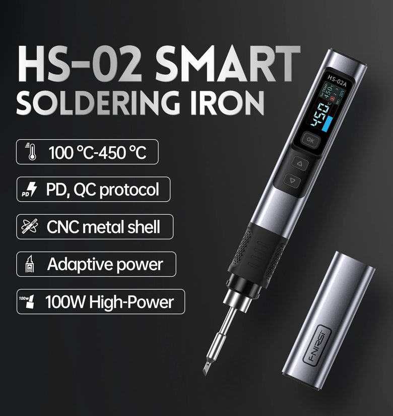 FNIRSI HS-02A Smart Soldering Iron with 6 Tips High-Power 100W Adaptable to Quick Charging PD/QC Protocol Wide Temperature Range 180-842F Featuring Adaptive Power Efficiency 0.96 IPS HD Color Screen