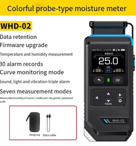 FNIRSI WHD02 Moisture Meter Color Screen Humidity Tester 7 Modes for Wood Cardboard Walls Temperature Humidity Detection Curve Monitoring Alarm Records