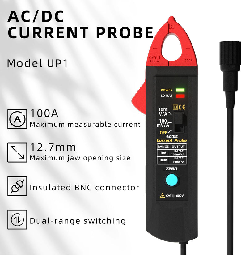 BSIDE UP1 AC/DC Current Probe, 10A/100A Clamp 100mV/A 10mV/A Output BNC Interface 12.7mm Jaw non-contact checks USB Type-C Rechargeable Oscilloscope