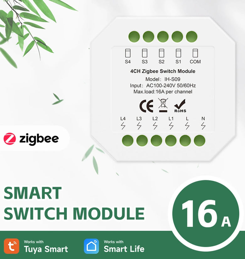 IH-S09 Tuya 1-4CH Zigbe Smart Switch Module 16A/Channel APP Remote Control Timer Schedule Countdown Functions Voice Control with Alexa Google Assistant