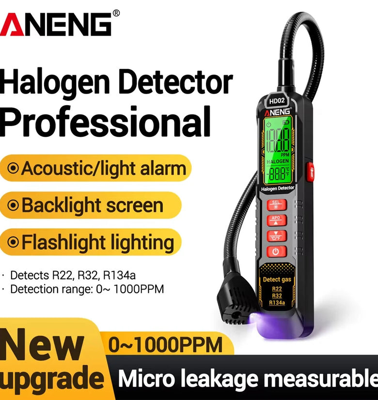 ANENG HD02 Halogen Refrigerant Leak tester R22 R32 R134a USB Rechargeable Lithium Battery Air Conditioning Tester Adjustable Sensitivity Gooseneck Flexible Cleaning