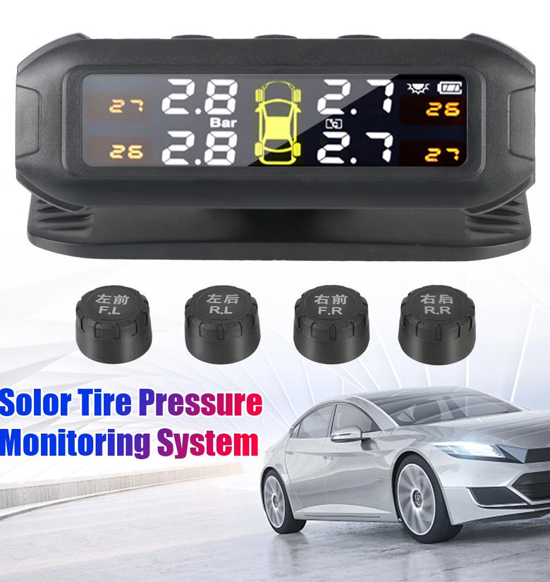 Wireless Solar TPMS Car Tire Pressure Monitoring System Universal Smart Tire Monitor 4 External Sensors with Pressure Temperature Display Precision Instrument