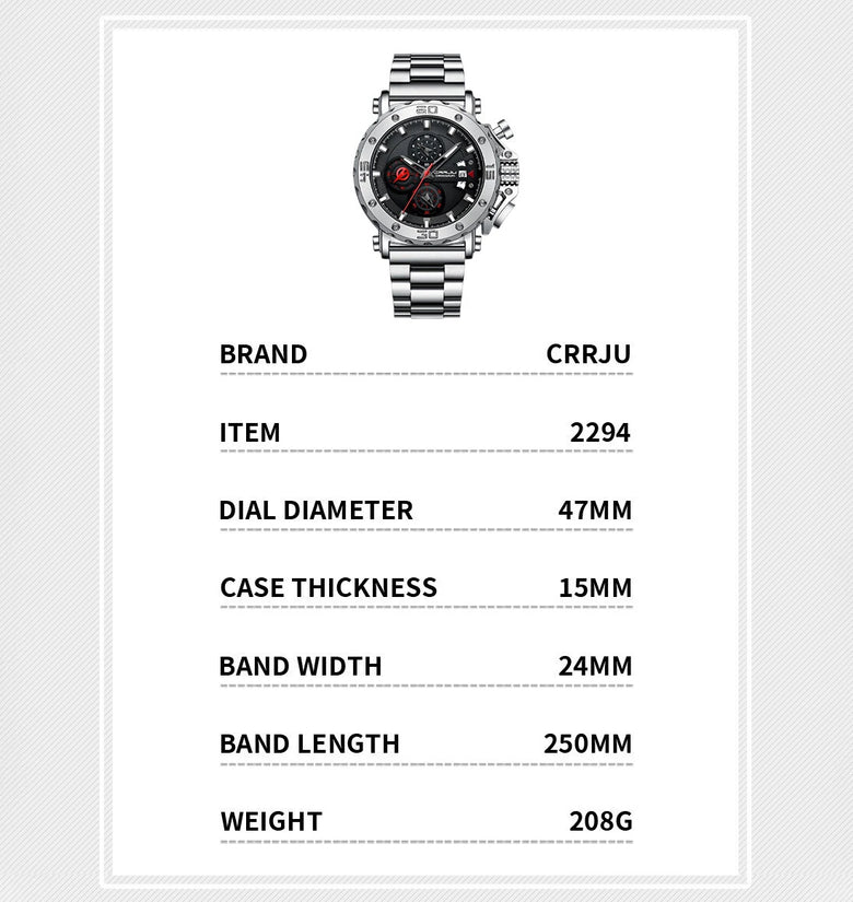 CRRJU Men's Quartz Chronograph Watch Stainless Steel Strap Waterproof Large Dial Luminous Sport Wristwatch with Date Function