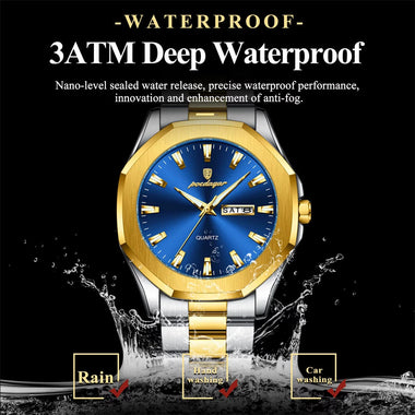 POEDAGAR Fashion Waterproof Business Quartz Watch Calendar Week Luminous Stainless Steel Strap Men Wristwatch