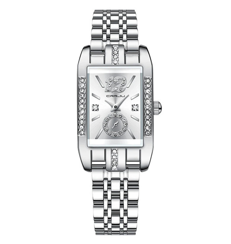CRRJU Women's Quartz Watch Elegant Rhinestone Rectangular Dial Waterproof Stainless Steel Strap Luminous Design Perfect for Business and Fashion Use Stylish Women Watch Ideal for Everyday Wear