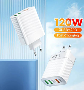 120W 5-Port USB PD Charger 3USB-A+2USB-C PD QC3.0 Fast Charging Wall Charger Adapter EU Plug for iPhone 16 Pro 15 14 13 Pro Max for Huawei Mate XT for Xiaomi MIX Fold4 for Samsung Galaxy Z Flip6