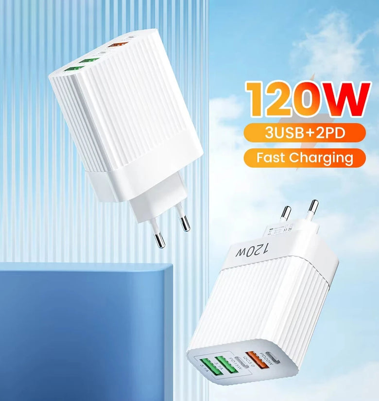 120W 5-Port USB PD Charger 3USB-A+2USB-C PD QC3.0 Fast Charging Wall Charger Adapter EU Plug for iPhone 16 Pro 15 14 13 Pro Max for Huawei Mate XT for Xiaomi MIX Fold4 for Samsung Galaxy Z Flip6