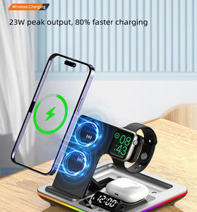 XJCX A93 5-in-1 15W Foldable RGB Wireless Charger with Digital Display Time & Alarm Clock Fast Wireless Charging Station for iPhone 15 14 13 for Xiaomi 14pro for Huawei Mate60 for Airpods for Apple Watch