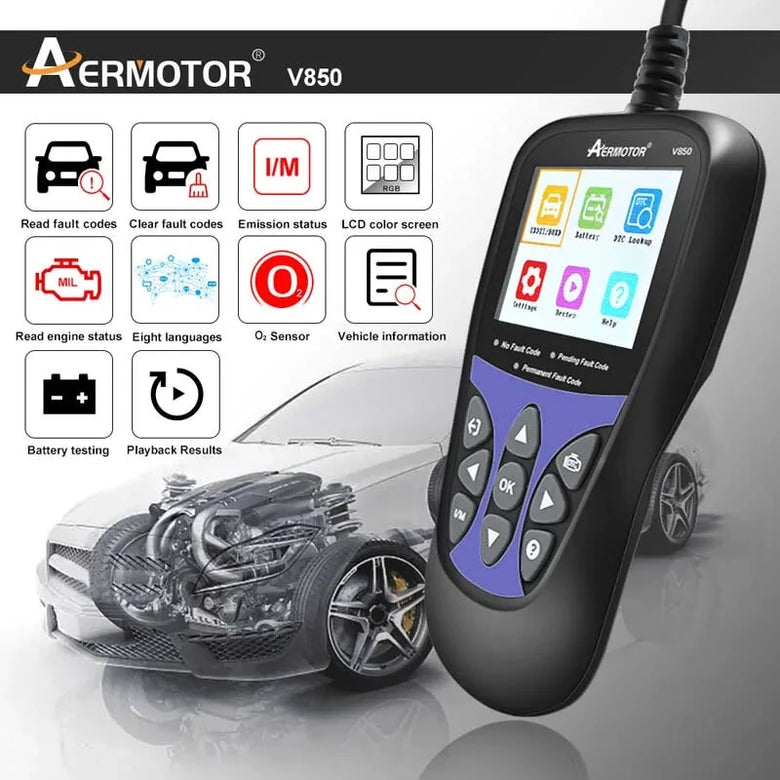 Aermotor V850 Car OBD2 Scanner Multi-languages Check Engine Auto Diagnostic Tool Same as KW85/ELM327 Full OBD 2 Function