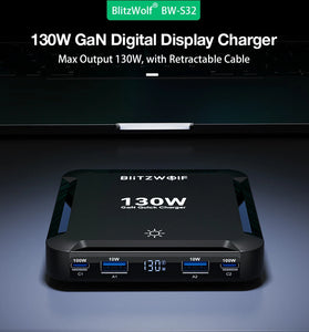 [GaN Tech] Blitzwolf BW-S32 130W 5 in 1 USB PD Digital Display Charger with Retractable Cable Fast Charging Desktop Charging Station for iPhone 17 16 16 Pro 15 14 13 Pro Max for MacBook Pro for Airpods for Apple Watch