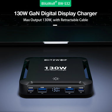 [GaN Tech] Blitzwolf BW-S32 130W 5 in 1 USB PD Digital Display Charger with Retractable Cable Fast Charging Desktop Charging Station for iPhone 17 16 16 Pro 15 14 13 Pro Max for MacBook Pro for Airpods for Apple Watch