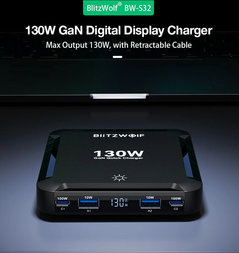 [GaN Tech] Blitzwolf BW-S32 130W 5 in 1 USB PD Digital Display Charger with Retractable Cable Fast Charging Desktop Charging Station for iPhone 17 16 16 Pro 15 14 13 Pro Max for MacBook Pro for Airpods for Apple Watch