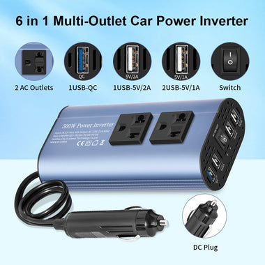 TATALIKEN Car Power Inverter 300/500W 12V to 110V / 220V 6 In 1 Multi Outlet Inverter Modified Sine Wave Car Power Converter EU/US Standard Sockets