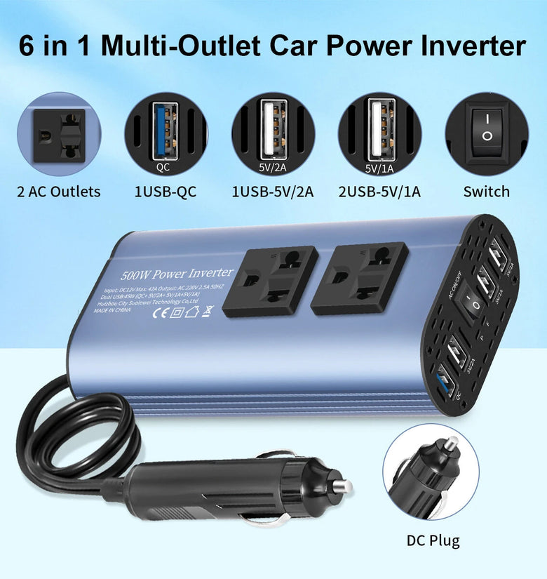 TATALIKEN Car Power Inverter 300/500W 12V to 110V / 220V 6 In 1 Multi Outlet Inverter Modified Sine Wave Car Power Converter EU/US Standard Sockets