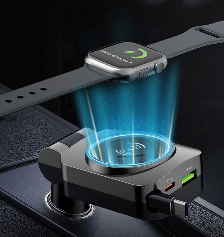 K38S Retractable Cord Watch Wireless Charger Ambient Lighting PD30W QC3.0 3.1A Car USB Multi-Port for Mobile Phone Fast Charge Car Plug QC Adapter