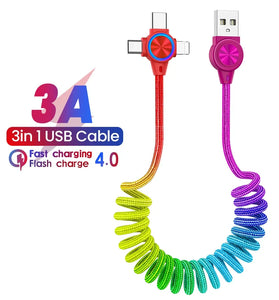 3A 3in 1 USB-A to iP/Type-C/Micro USB Spring Cable Fast Charging Data Transmission Copper Core Line 1M Long for Huawei Mate50 for Samsung Galaxy S23 for Xiaomi 13 for Oppo Reno9 for iPhone 12 13 14 14Pro 14 Pro Max
