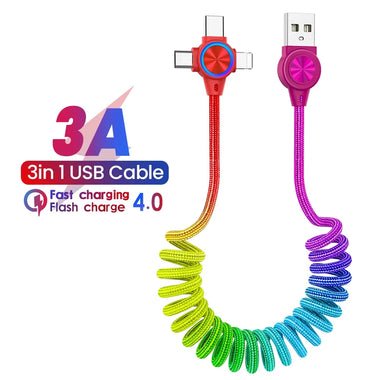 3A 3in 1 USB-A to iP/Type-C/Micro USB Spring Cable Fast Charging Data Transmission Copper Core Line 1M Long for Huawei Mate50 for Samsung Galaxy S23 for Xiaomi 13 for Oppo Reno9 for iPhone 12 13 14 14Pro 14 Pro Max
